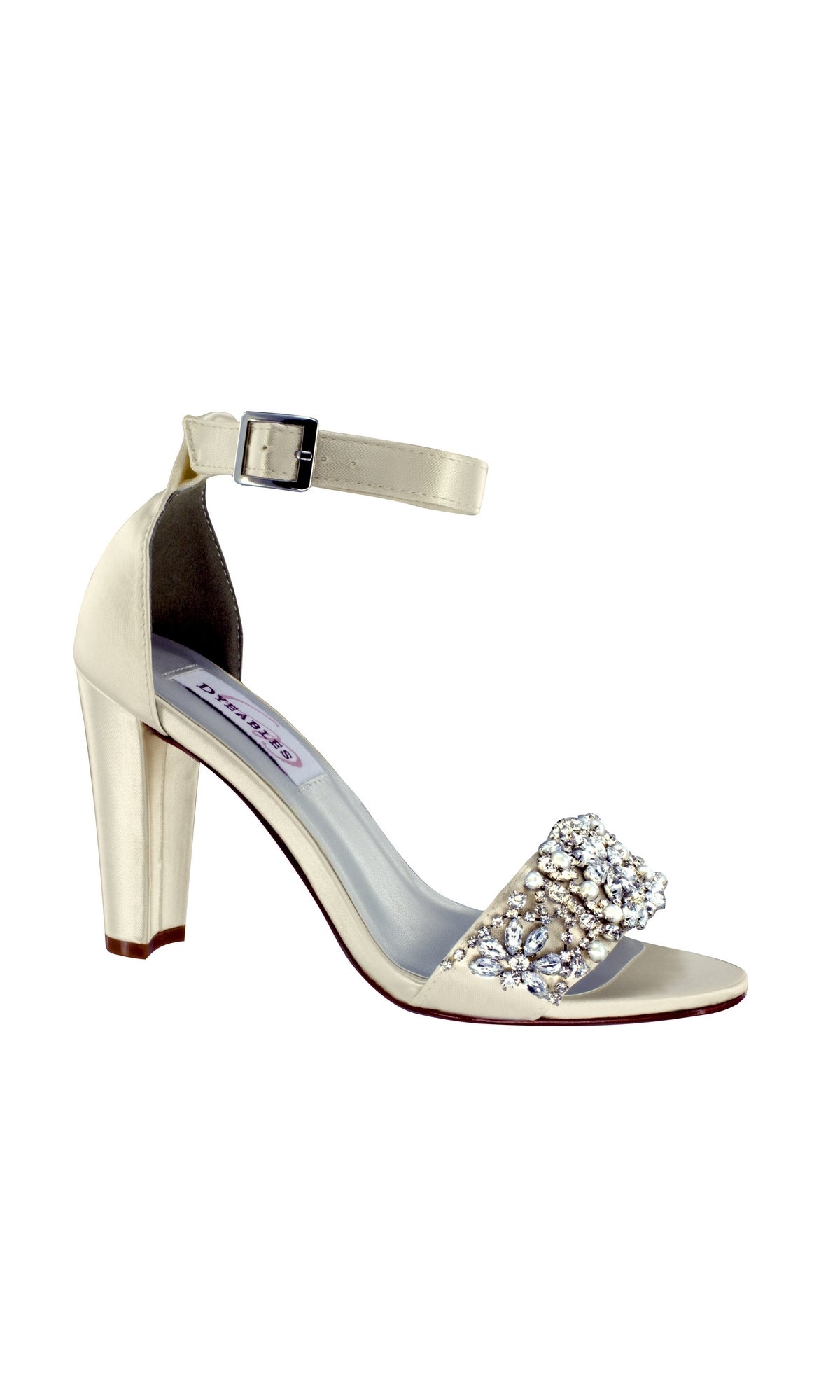 The Felicity Rhinestone White Prom Shoes 4292 feature ivory high heels, an ankle strap with a silver buckle, and decorative rhinestones on the front strap—ideal as stylish rhinestone prom shoes, displayed on a white background.